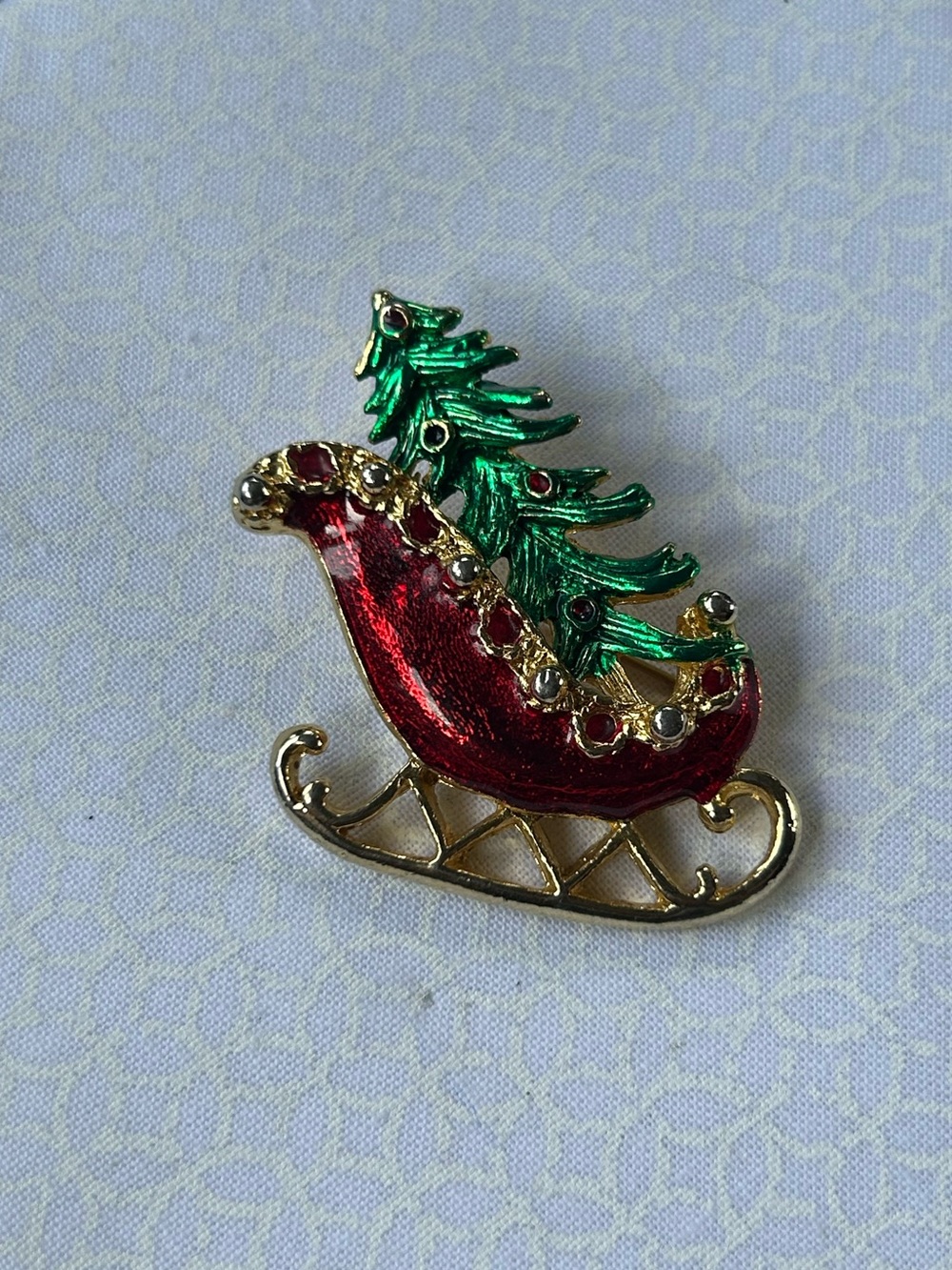 Vintage Red Sleigh & Green Tree Holiday Brooch